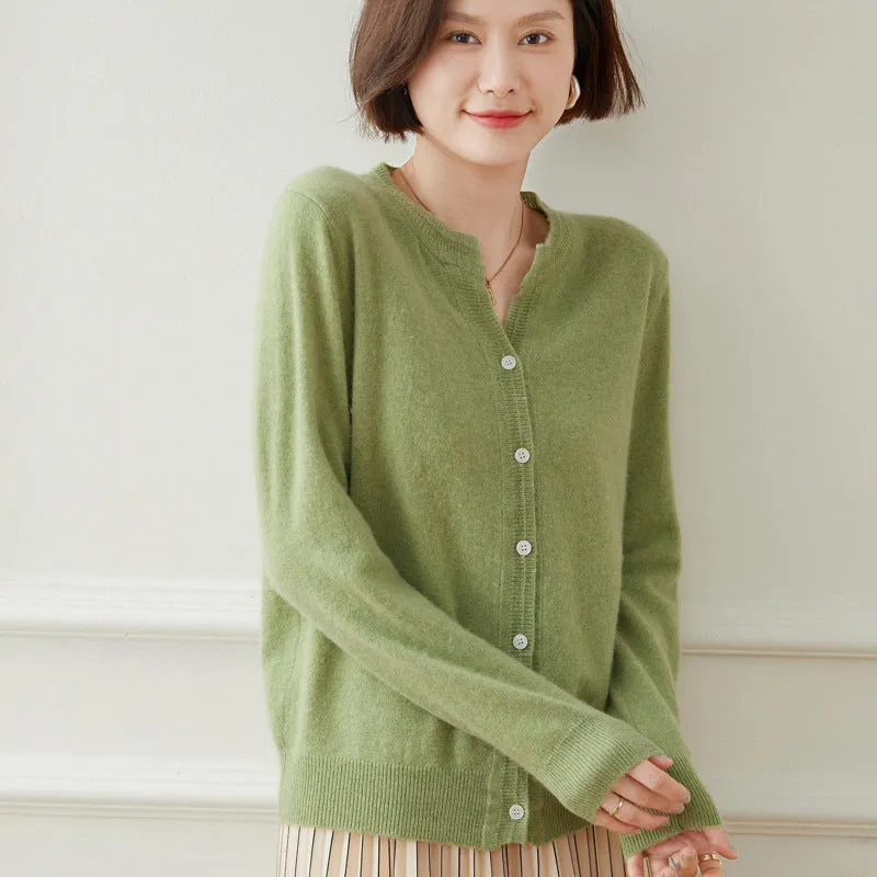 Cashmere Cardigan for Women Button Front Long Sleeve Crew Neck Cashmere Cardigan Tops