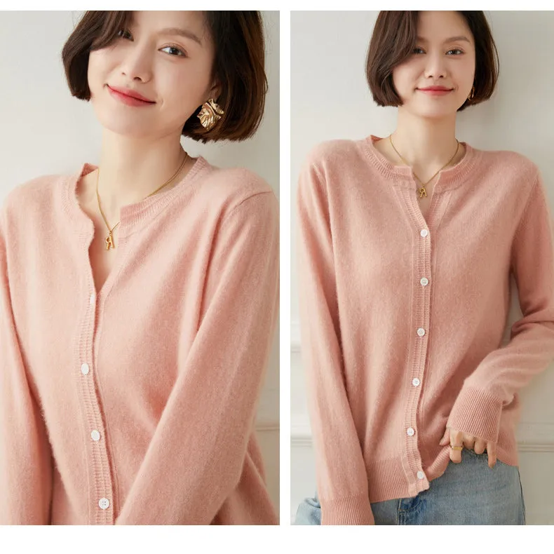 Cashmere Cardigan for Women Button Front Long Sleeve Crew Neck Cashmere Cardigan Tops