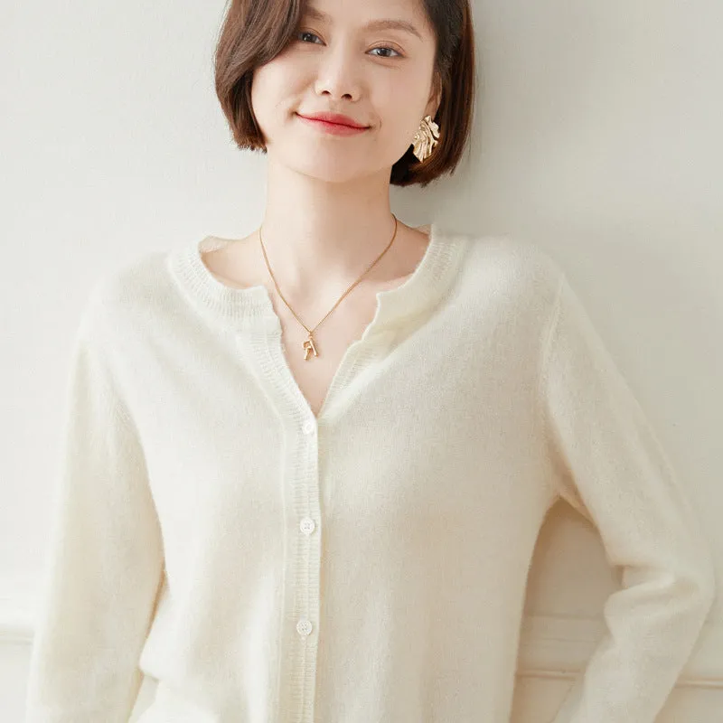 Cashmere Cardigan for Women Button Front Long Sleeve Crew Neck Cashmere Cardigan Tops