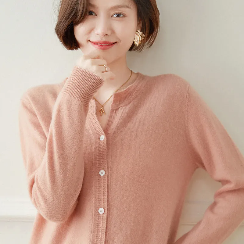 Cashmere Cardigan for Women Button Front Long Sleeve Crew Neck Cashmere Cardigan Tops