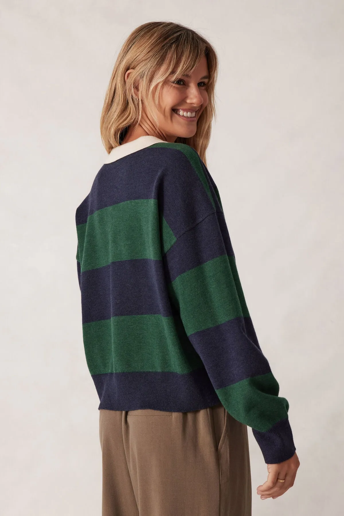 Ceres Life Long Sleeve Rugby Knit, Pine Green Navy Stripe