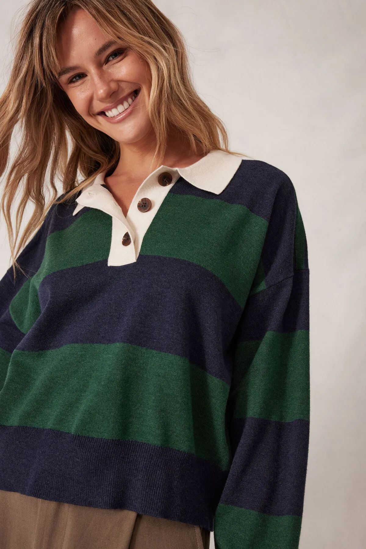 Ceres Life Long Sleeve Rugby Knit, Pine Green Navy Stripe