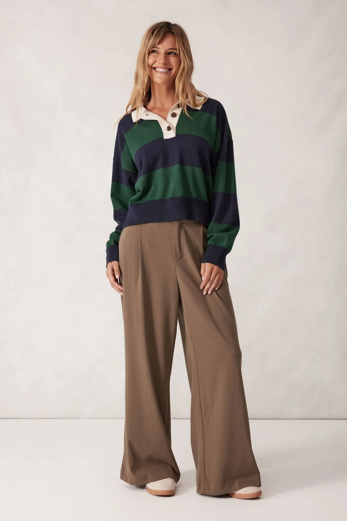 Ceres Life Long Sleeve Rugby Knit, Pine Green Navy Stripe