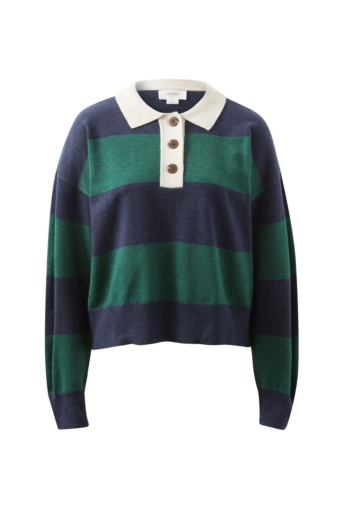Ceres Life Long Sleeve Rugby Knit, Pine Green Navy Stripe