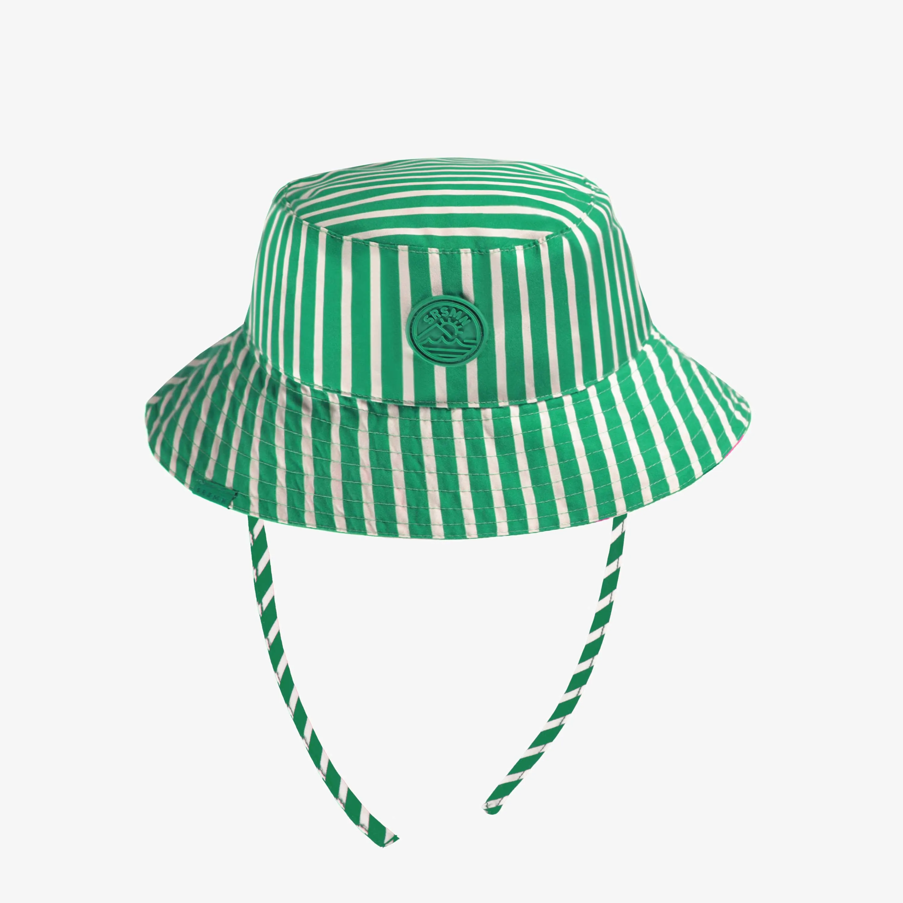 Chapeau de soleil vert à rayures réversible avec motifs, bébé || Green striped sun hat, reversible with all over print, baby