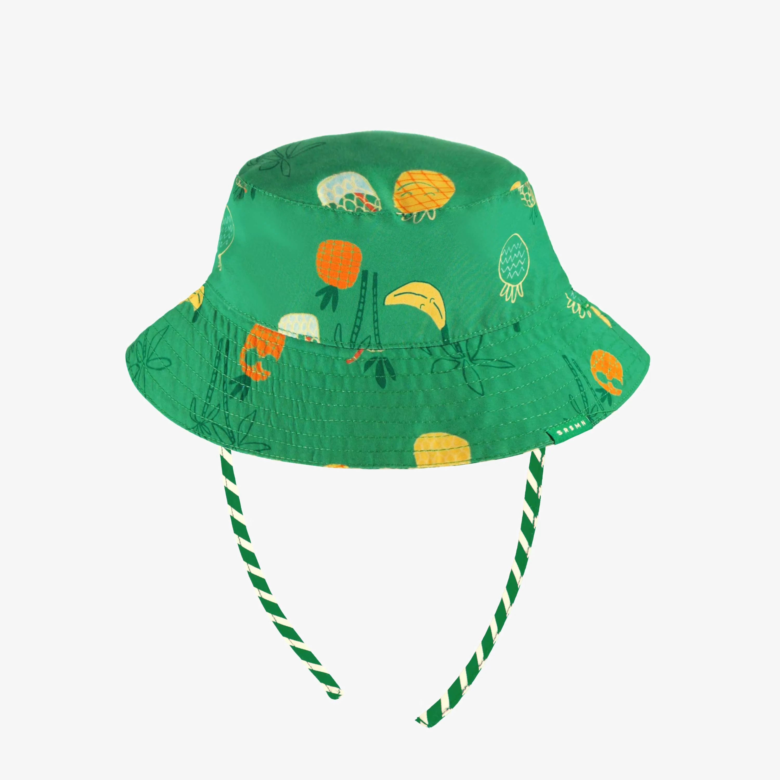 Chapeau de soleil vert à rayures réversible avec motifs, bébé || Green striped sun hat, reversible with all over print, baby