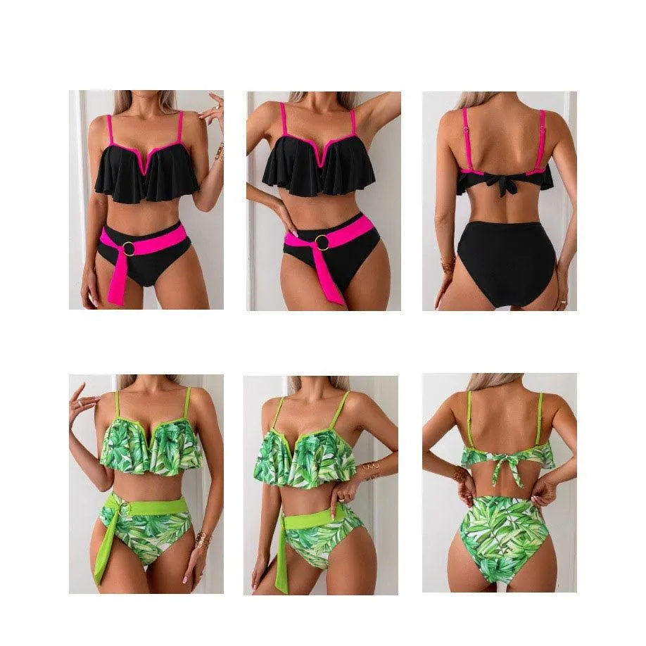 Chic Two-Piece Swimsuit Set  Ruffle Detail Top and High-Waisted Bottoms in Four Vibrant Colors