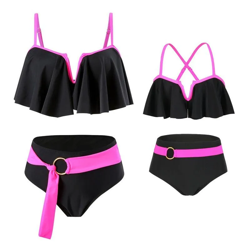 Chic Two-Piece Swimsuit Set  Ruffle Detail Top and High-Waisted Bottoms in Four Vibrant Colors