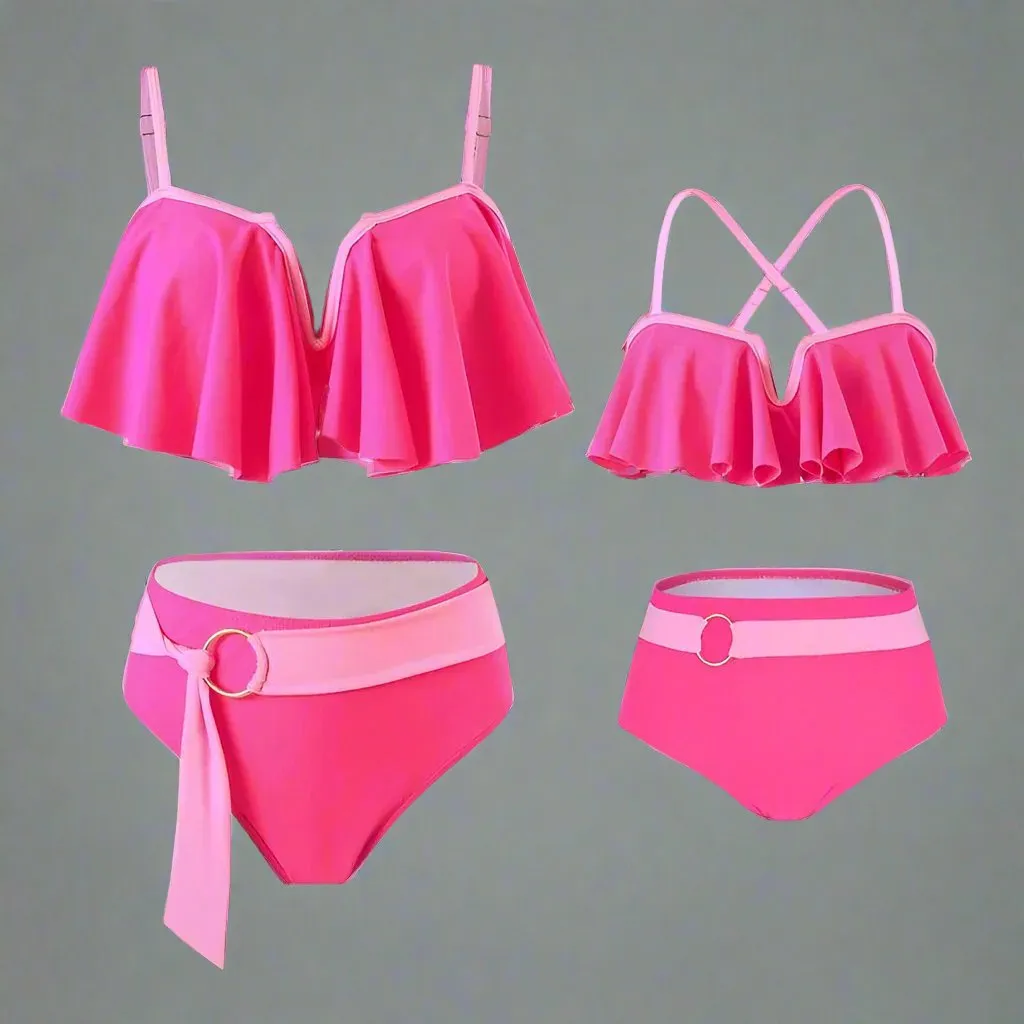 Chic Two-Piece Swimsuit Set  Ruffle Detail Top and High-Waisted Bottoms in Four Vibrant Colors