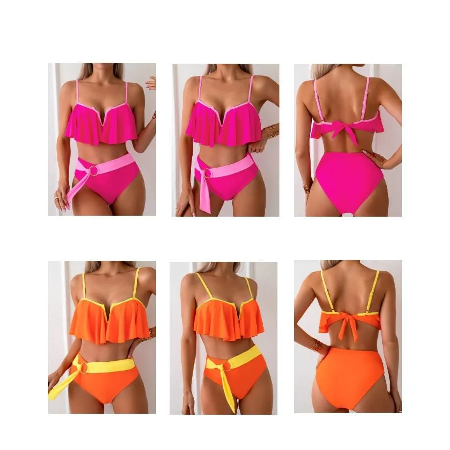 Chic Two-Piece Swimsuit Set  Ruffle Detail Top and High-Waisted Bottoms in Four Vibrant Colors