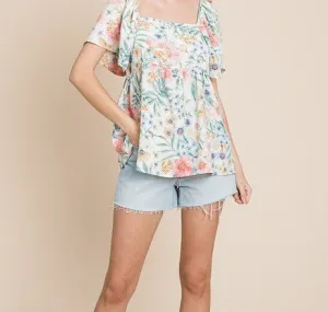 Cream Floral Square Neck Top