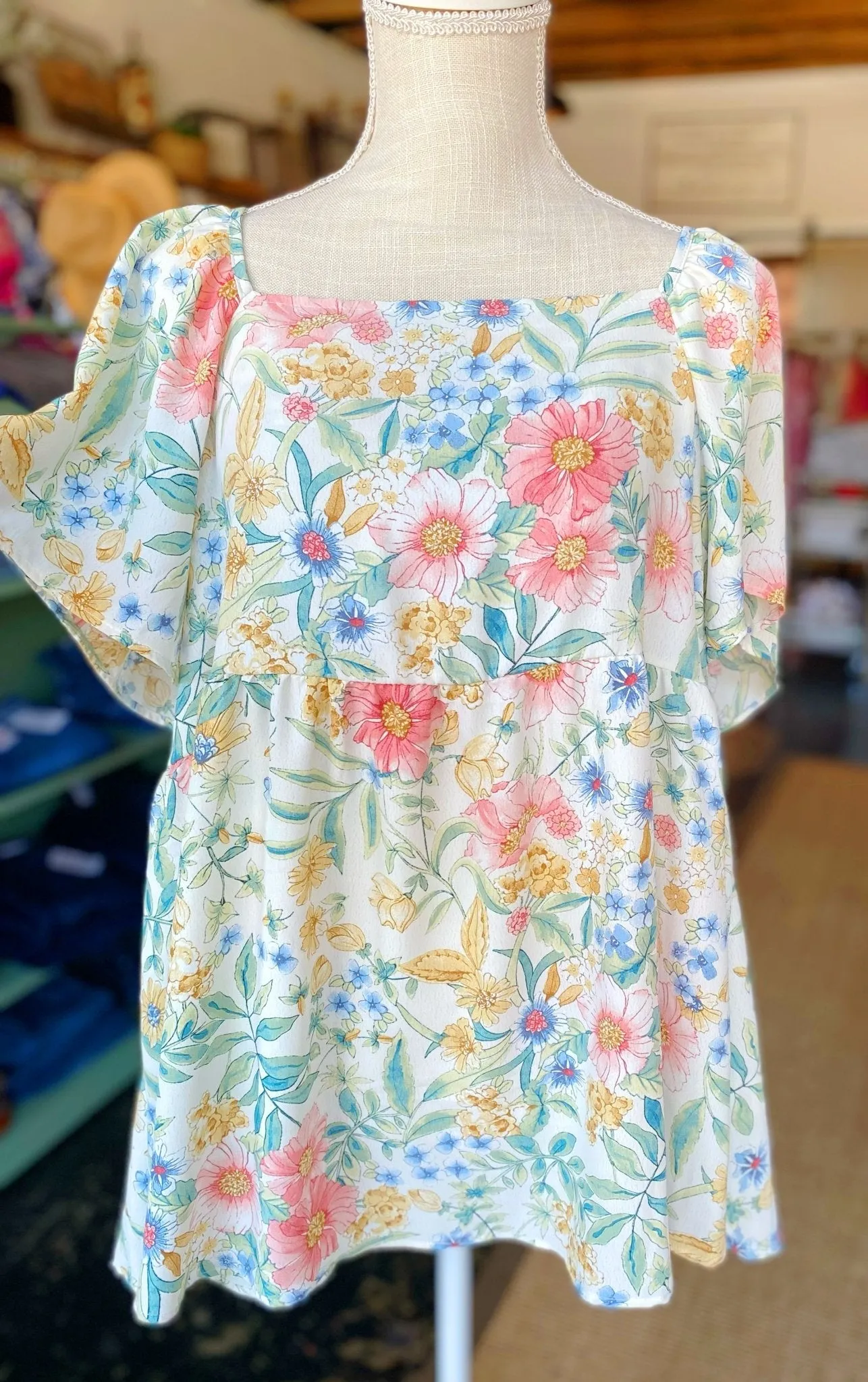 Cream Floral Square Neck Top