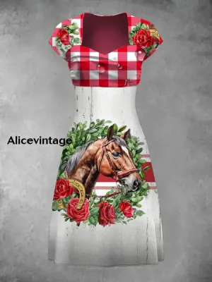 Derby Horse Art Print Elegant Short Sleeve Dress
