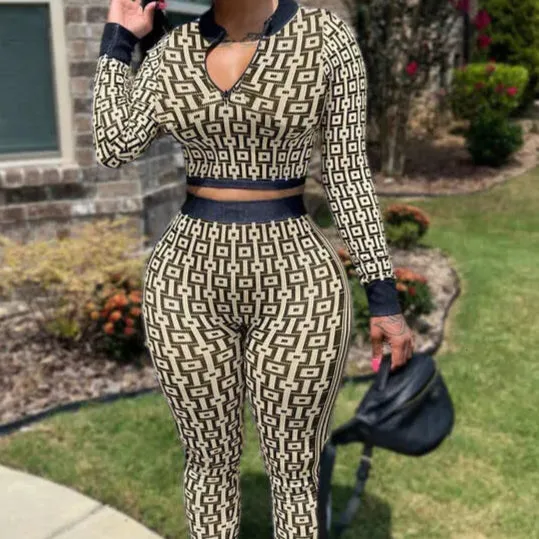 Designer Tarcksuit Women Casual Sweatsuit Spring Autumn Two Piece Set Clothing Elastic Knitted Printed Long Sleeve Sexy Deep Neck Crop Top And Pants Suit Outfits