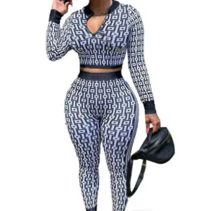 Designer Tarcksuit Women Casual Sweatsuit Spring Autumn Two Piece Set Clothing Elastic Knitted Printed Long Sleeve Sexy Deep Neck Crop Top And Pants Suit Outfits
