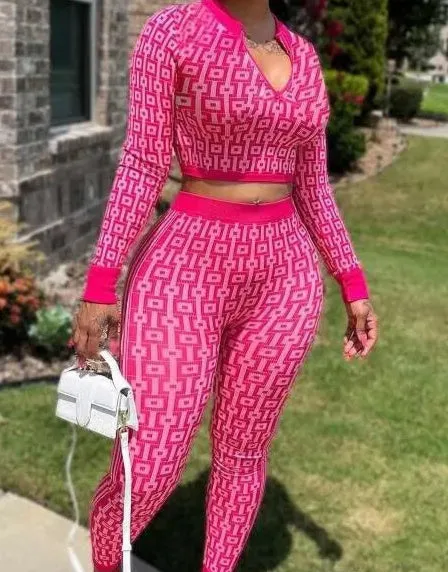 Designer Tarcksuit Women Casual Sweatsuit Spring Autumn Two Piece Set Clothing Elastic Knitted Printed Long Sleeve Sexy Deep Neck Crop Top And Pants Suit Outfits