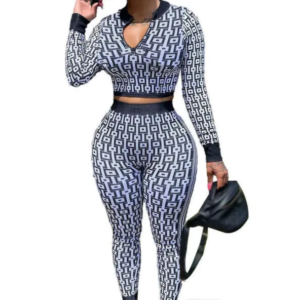 Designer Tarcksuit Women Casual Sweatsuit Spring Autumn Two Piece Set Clothing Elastic Knitted Printed Long Sleeve Sexy Deep Neck Crop Top And Pants Suit Outfits