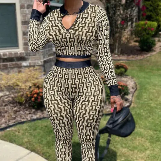 Designer Tarcksuit Women Casual Sweatsuit Spring Autumn Two Piece Set Clothing Elastic Knitted Printed Long Sleeve Sexy Deep Neck Crop Top And Pants Suit Outfits