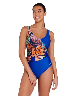 Elegance Front Crossover V Back Swimsuit - Blue/Multi