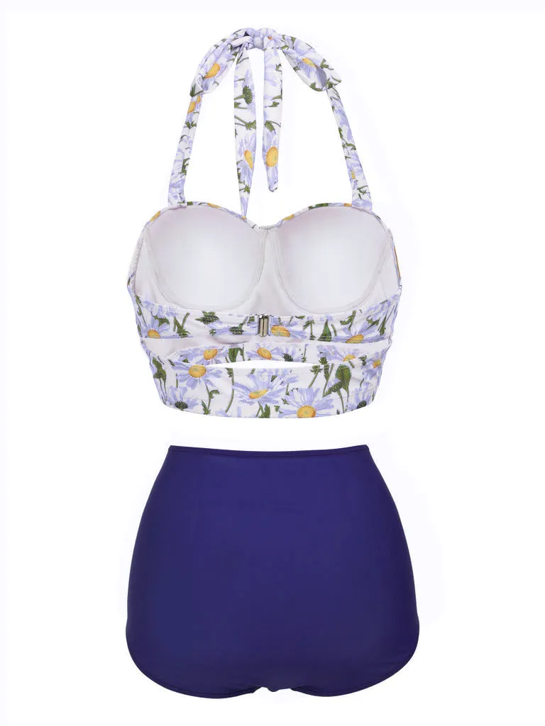 Ensemble de Bikini à Lacets et Licou à Fleurs Bleu