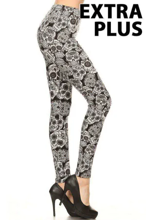 Extra Plus Small Grey Sugar Skull Print Leggings