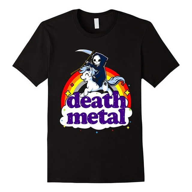 Fashion Funny Tops Tees Death Metal Rocker T-shirt Unicorn Death Graphic Tee Shirt Fashion Men T-shirt Clothes Printed Cotton Ma