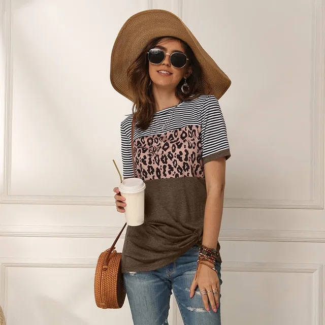 Fashion Women Casual Short Sleeve Summer T-shirt Leopard Stripes Stitching T shirt Top Tees Femme Ladies Tshirt Clothes Soft
