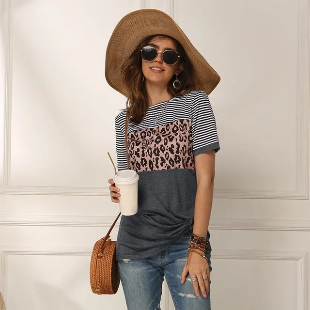 Fashion Women Casual Short Sleeve Summer T-shirt Leopard Stripes Stitching T shirt Top Tees Femme Ladies Tshirt Clothes Soft