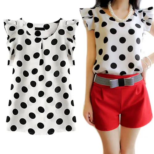 Fashion Women Polka Dots Casual Chiffon Blouse Short Sleeve T-shirt Summer Tops