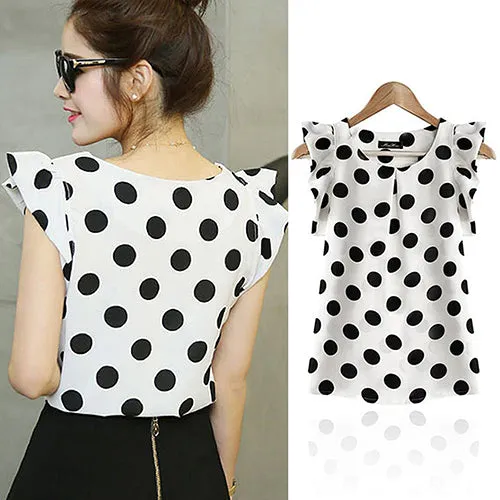 Fashion Women Polka Dots Casual Chiffon Blouse Short Sleeve T-shirt Summer Tops
