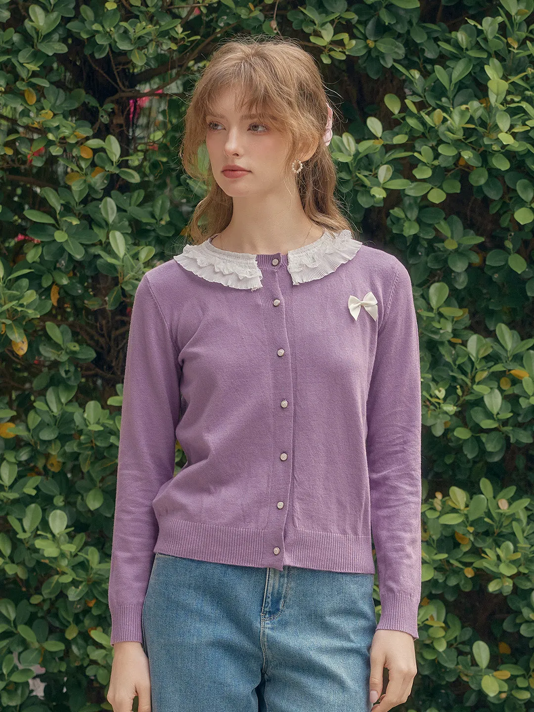 【Final Sale】Ruby Lace Lapel Contrasting Bow Cardigan