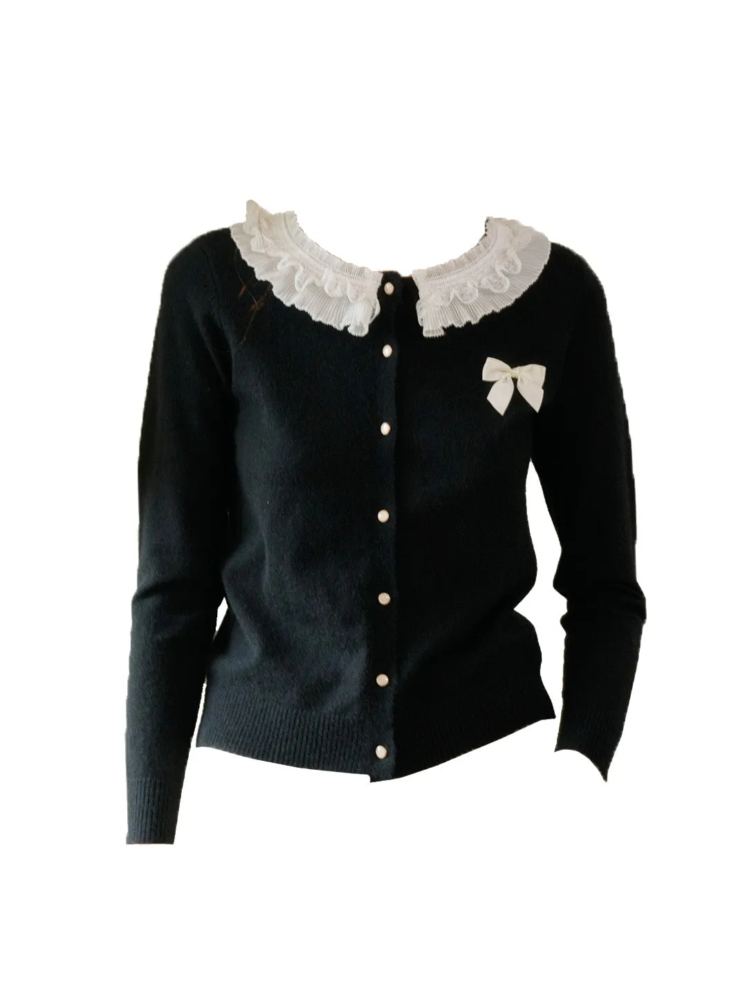 【Final Sale】Ruby Lace Lapel Contrasting Bow Cardigan