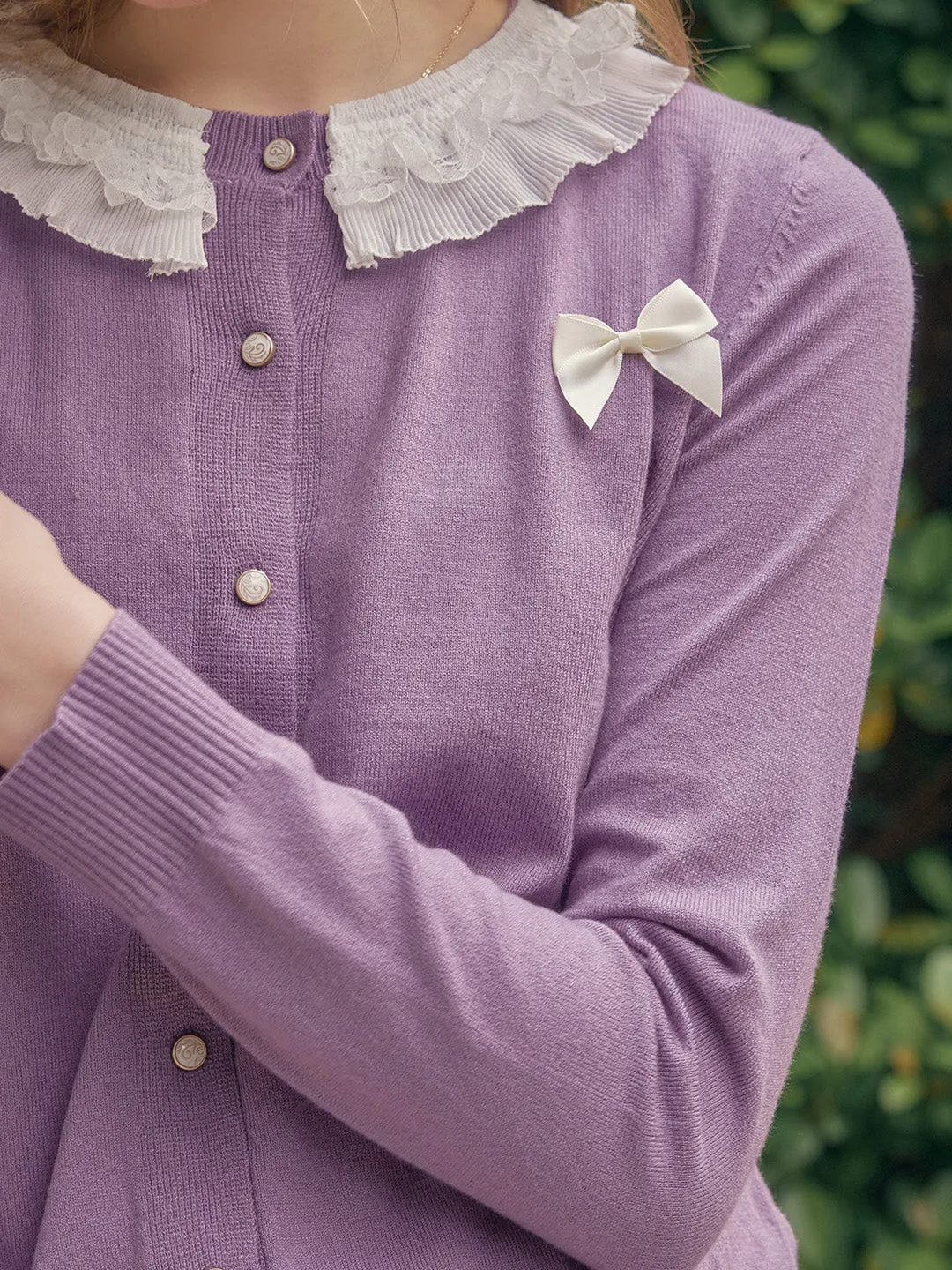 【Final Sale】Ruby Lace Lapel Contrasting Bow Cardigan