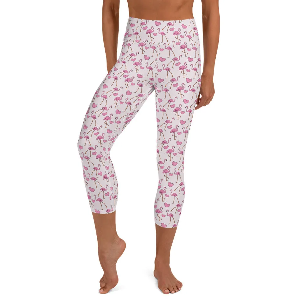 Flamingos and Hearts High-waist Yoga Capri Leggings