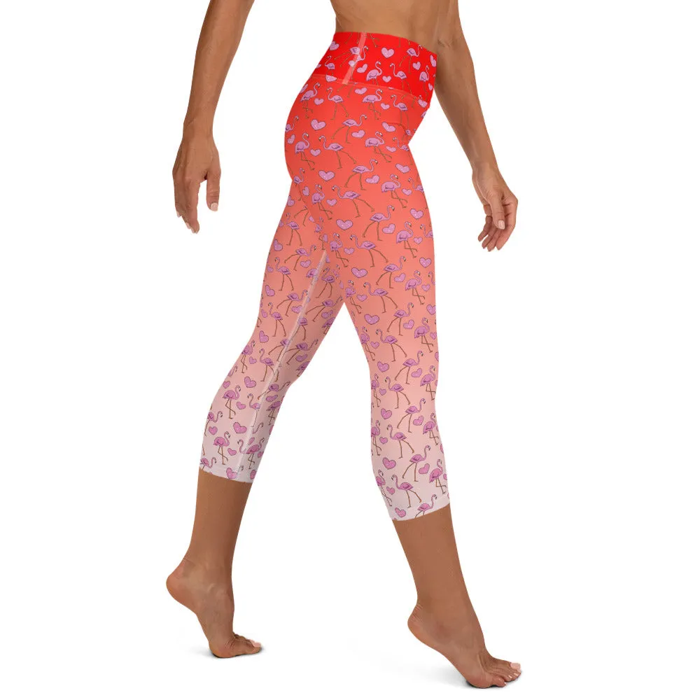Flamingos and Hearts High-waist Yoga Capri Leggings