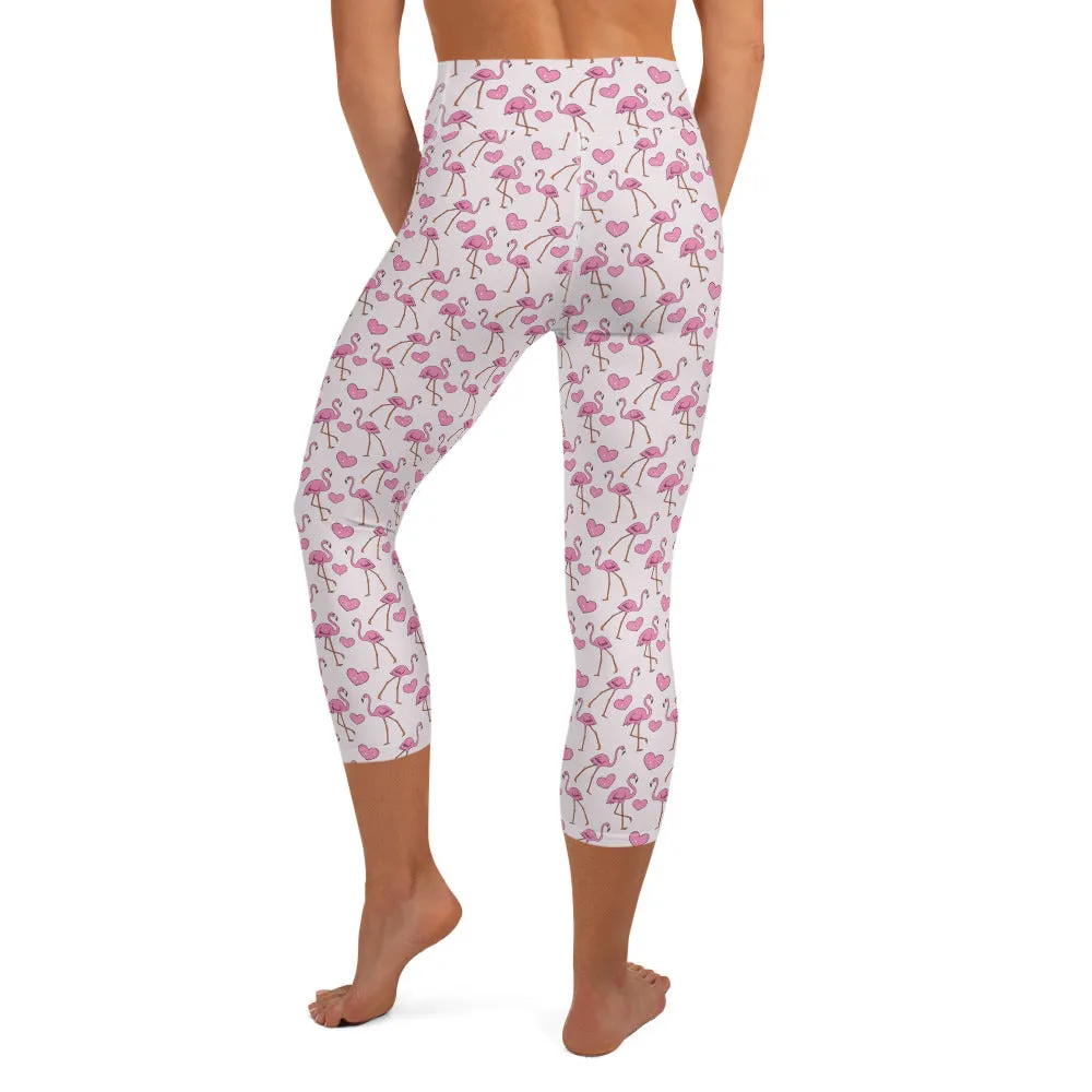 Flamingos and Hearts High-waist Yoga Capri Leggings