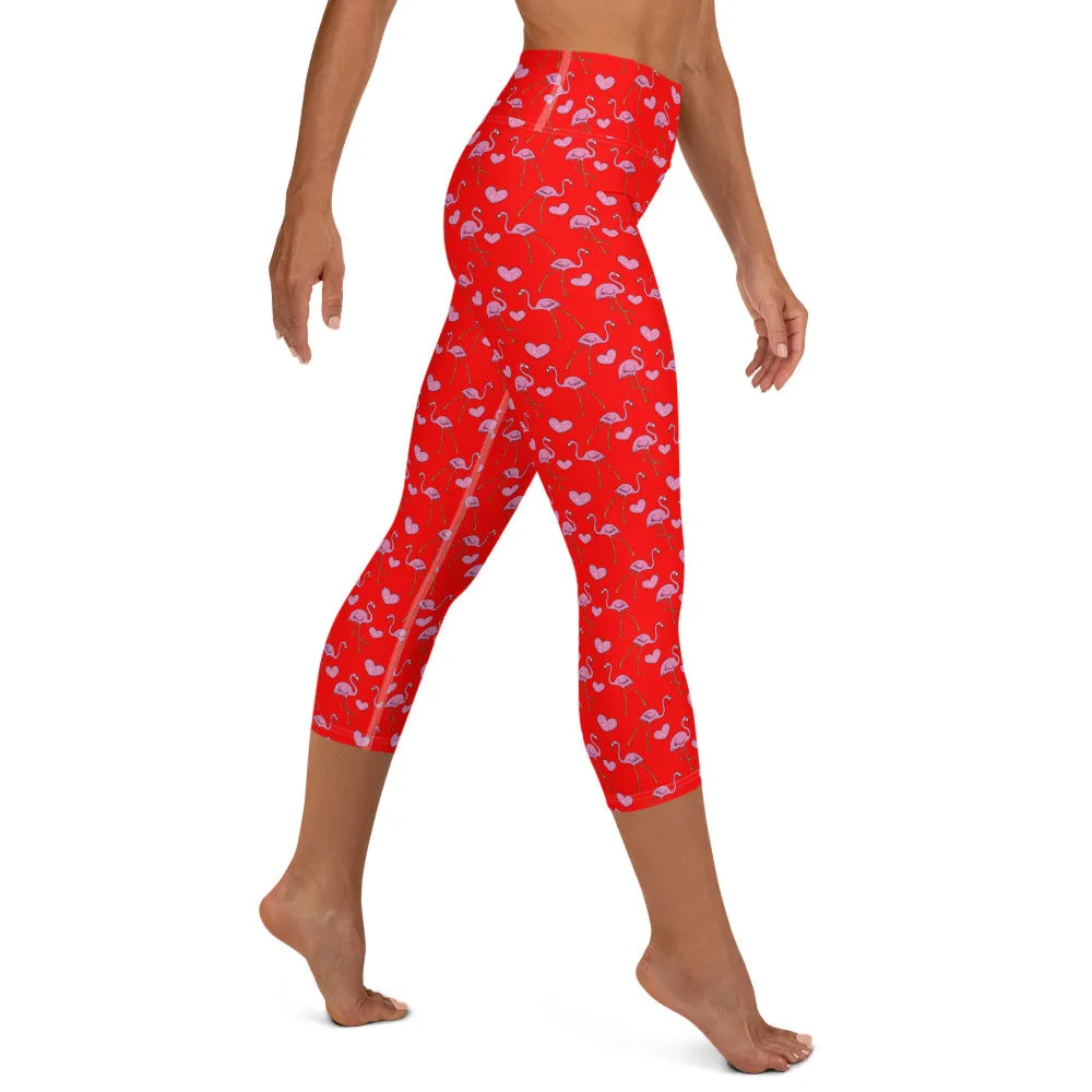 Flamingos and Hearts High-waist Yoga Capri Leggings
