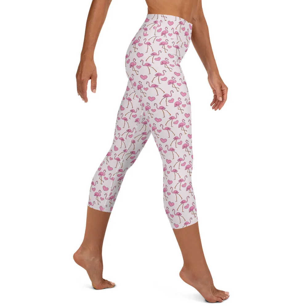 Flamingos and Hearts High-waist Yoga Capri Leggings