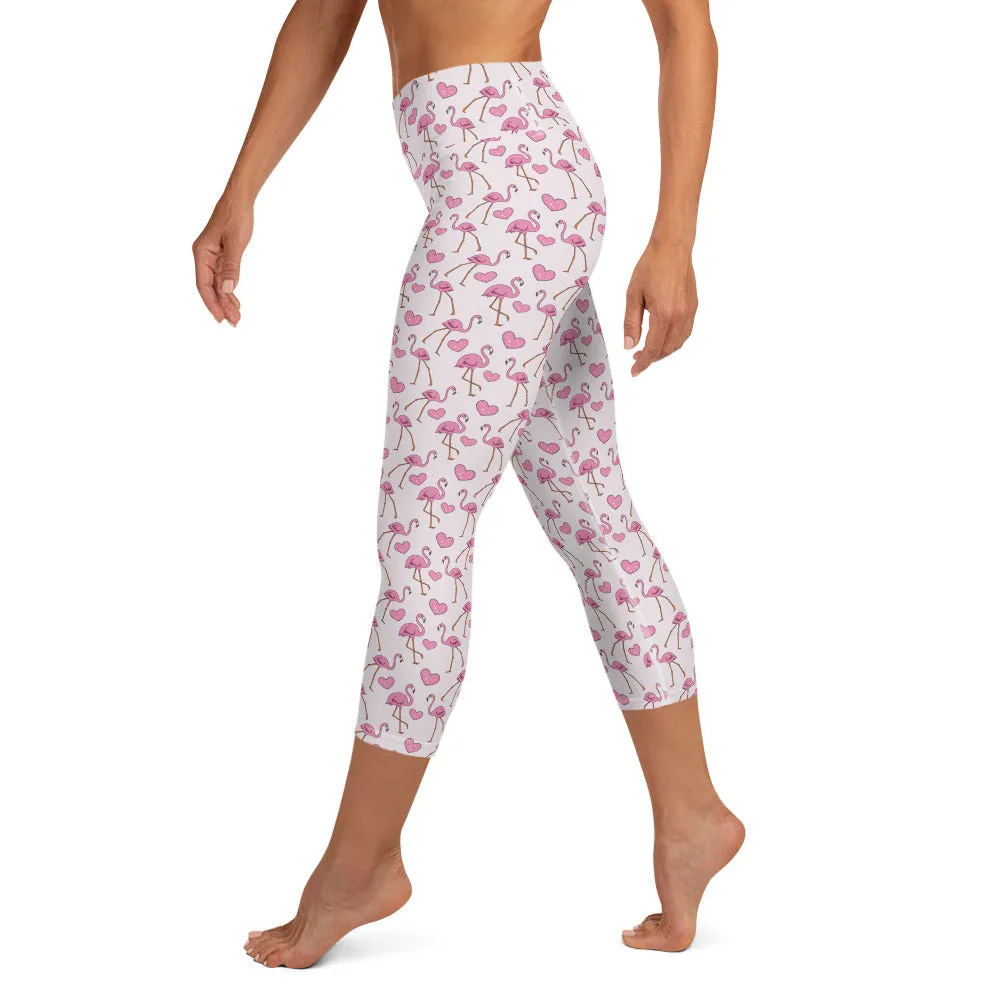 Flamingos and Hearts High-waist Yoga Capri Leggings