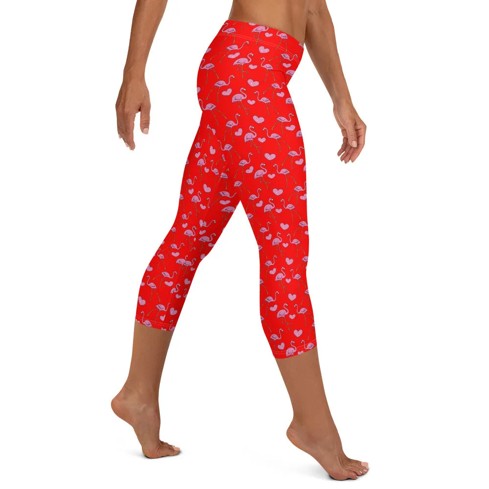 Flamingos and Hearts Mid-waist Capri Leggings
