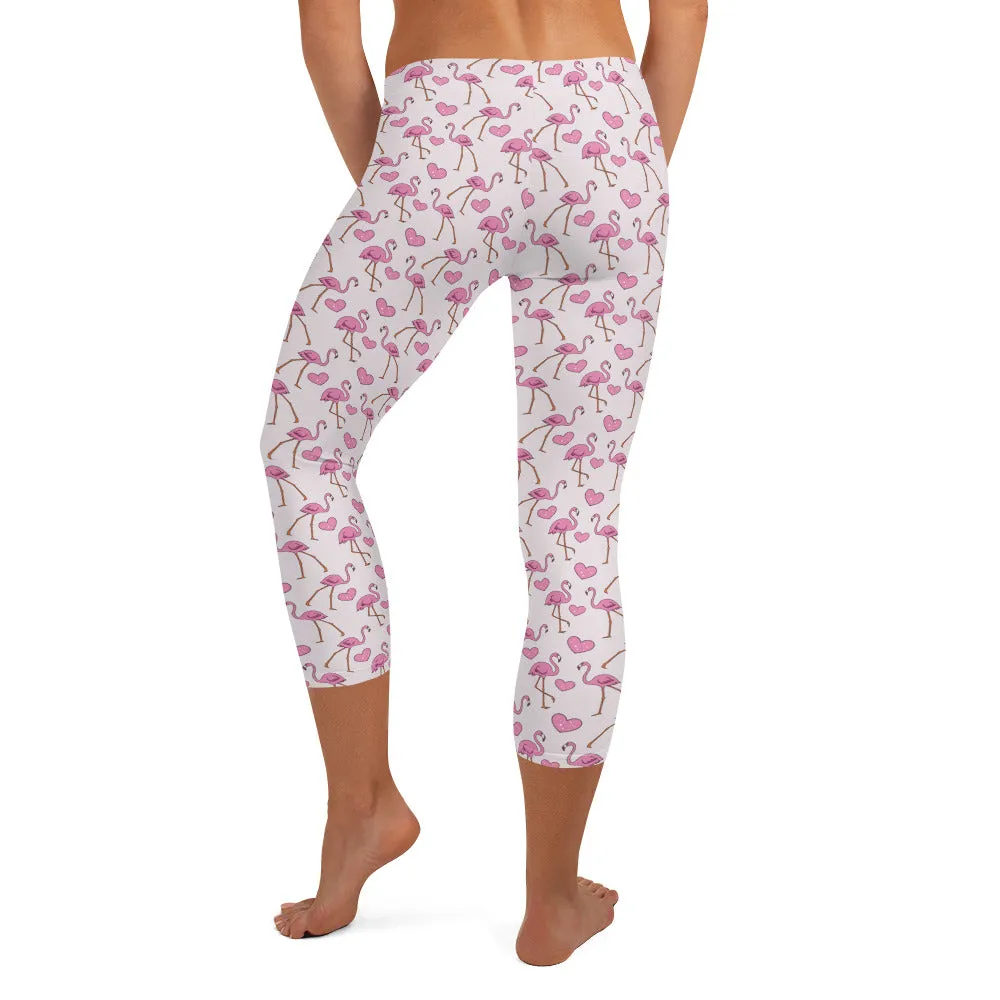 Flamingos and Hearts Mid-waist Capri Leggings