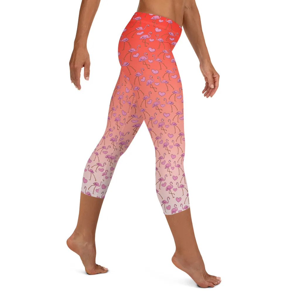 Flamingos and Hearts Mid-waist Capri Leggings