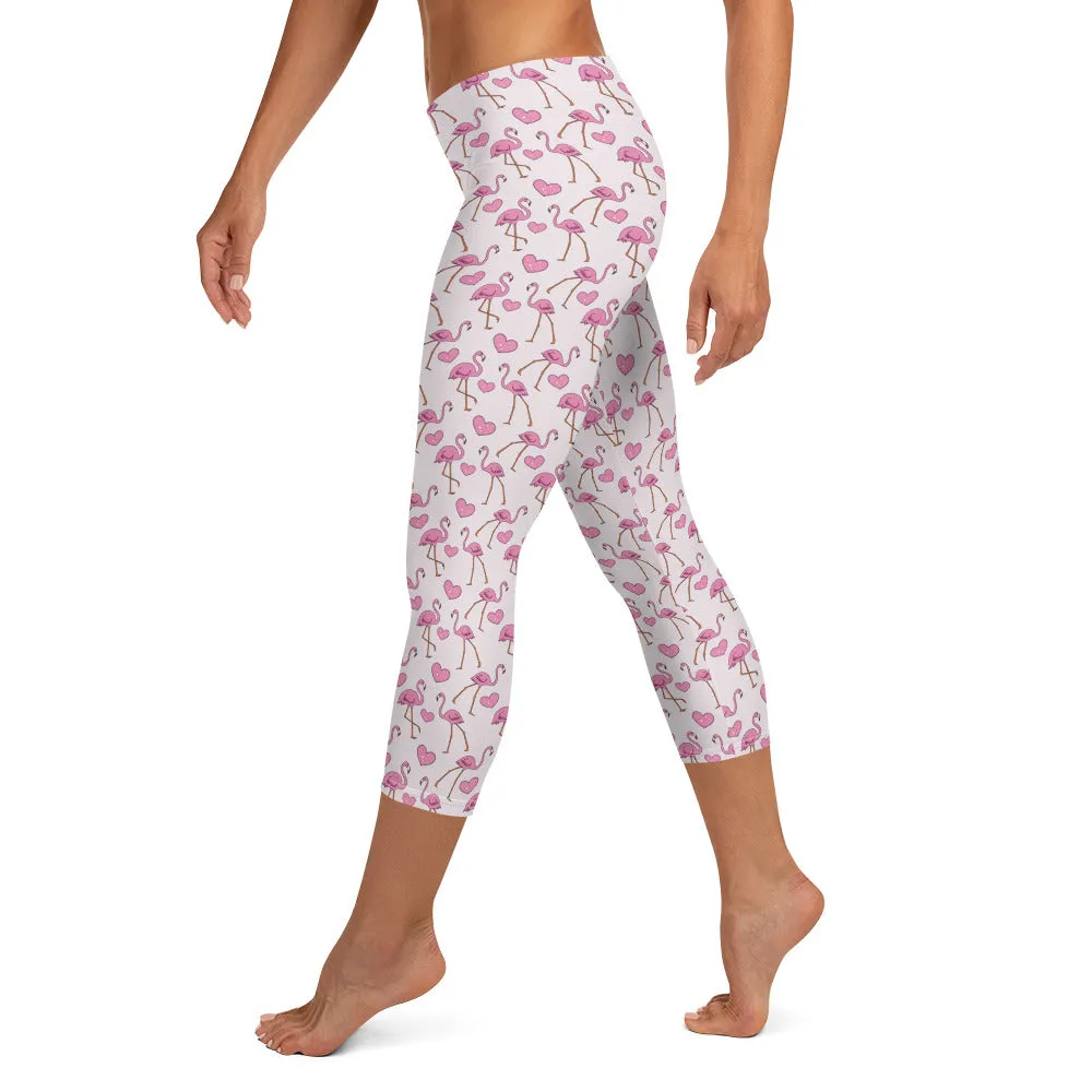 Flamingos and Hearts Mid-waist Capri Leggings