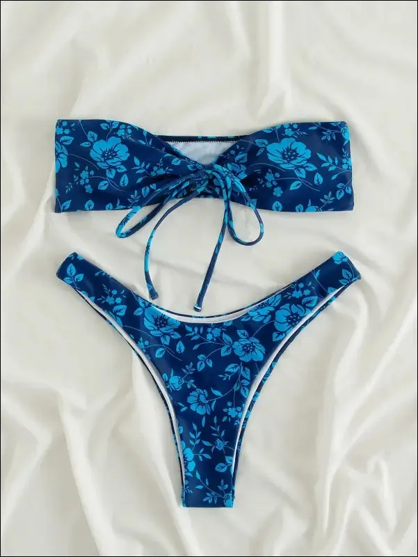 Floral bandeau high cut bikini swimsuit with wireless bra - blue, all over print - high stretch