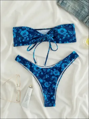 Floral bandeau high cut bikini swimsuit with wireless bra - blue, all over print - high stretch