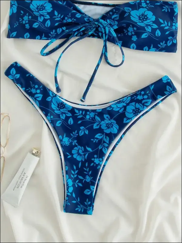 Floral bandeau high cut bikini swimsuit with wireless bra - blue, all over print - high stretch