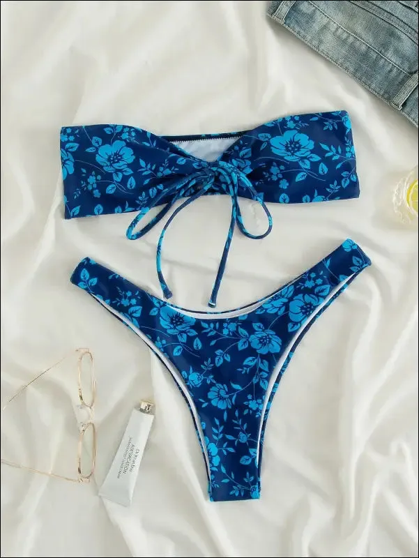 Floral bandeau high cut bikini swimsuit with wireless bra - blue, all over print - high stretch