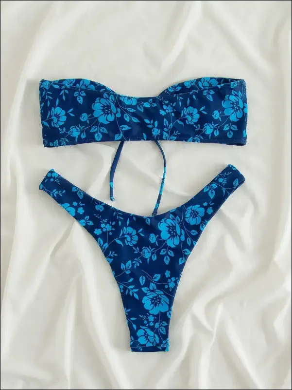 Floral bandeau high cut bikini swimsuit with wireless bra - blue, all over print - high stretch