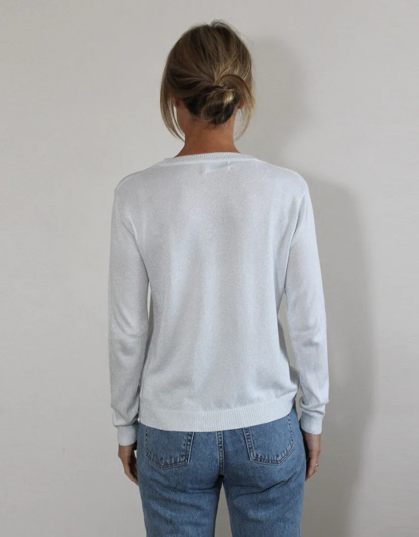 Frankies Long Sleeve Lurex Top - White/Silver