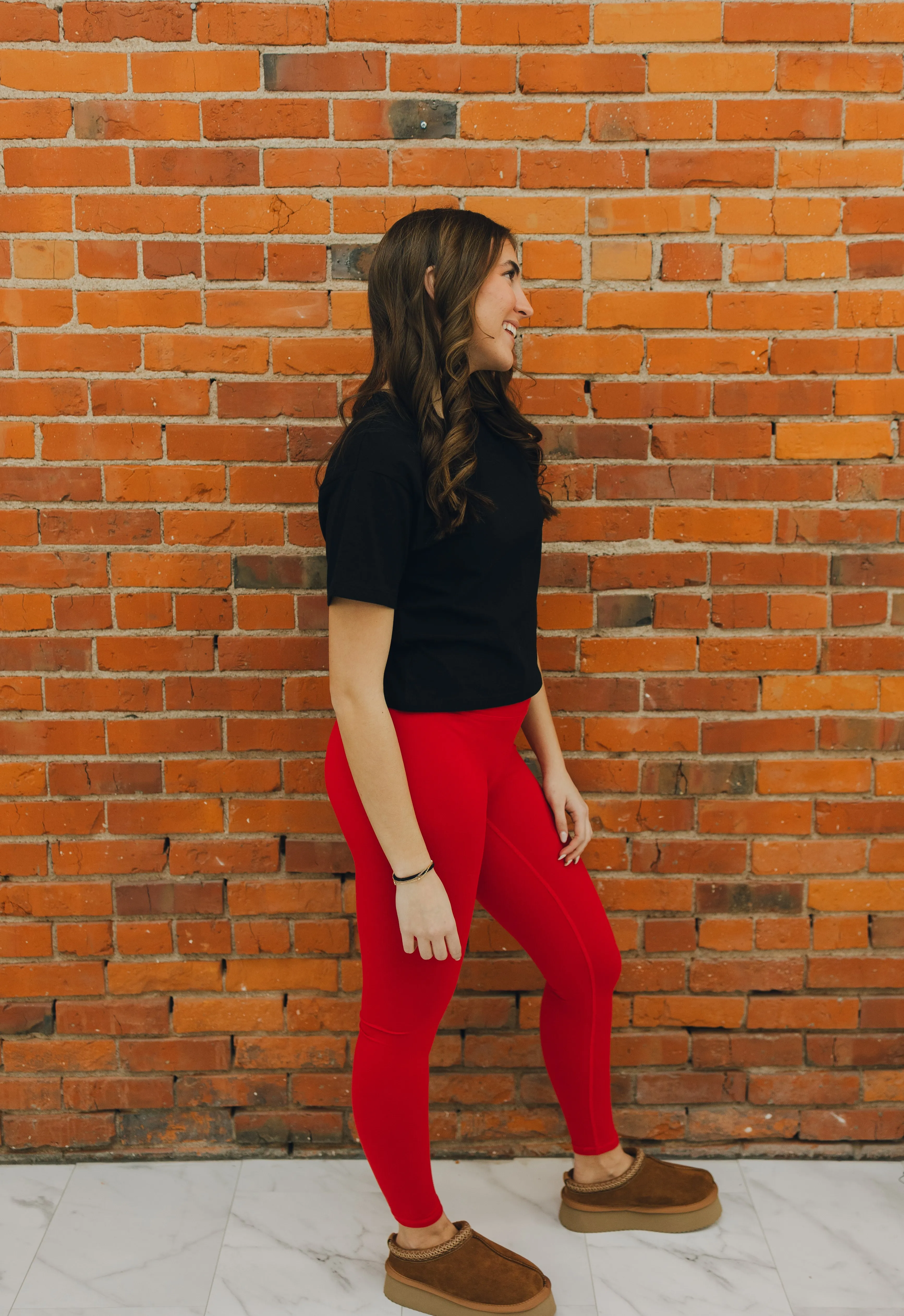 Full Length High Waist Leggings - Red